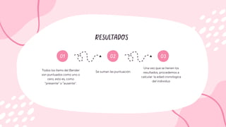 RESULTADOS
01 02
Todos los ítems del Bender
son puntuados como uno o
cero, esto es, como
"presente" o "ausente".
03
Una vez que se tienen los
resultados, procedemos a
calcular la edad cronologica
del individuo
Se suman las puntuación
 