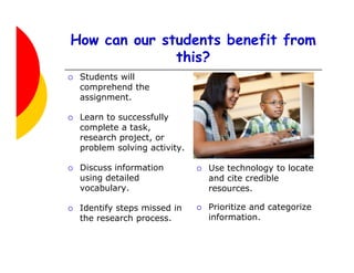 How can our students benefit from
              this?
 Students will
 comprehend the
 assignment.

 Learn to successfully
 complete a task,
 research project, or
 problem solving activity.

 Discuss information         Use technology to locate
 using detailed              and cite credible
 vocabulary.                 resources.

 Identify steps missed in    Prioritize and categorize
 the research process.       information.
 