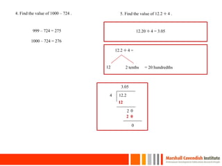 4. Find the value of 1000 – 724 . 5. Find the value of 12.2  4 .
20
999 – 724 = 275
1000 – 724 = 276
12.20  4 = 3.05
12.2  4 =
12 2 tenths = 20 hundredths
12.24
12
2 0
2 0
0
3.05