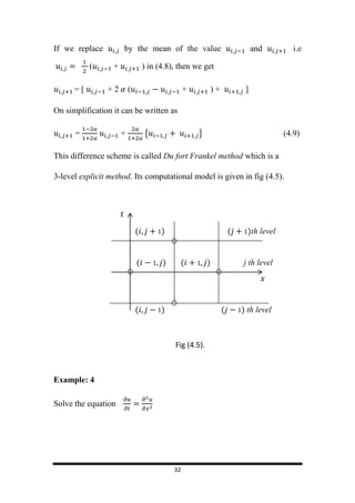 32
If we replace by the mean of the value and i.e
( + ) in (4.8), then we get
= [ + 2 ( + ) + ]
On simplification it can be written as
= + { } (4.9)
This difference scheme is called Du fort Frankel method which is a
3-level explicit method. Its computational model is given in fig (4.5).
( ) ( )th level
( ) ( ) j th level
( ) ( ) th level
Example: 4
Solve the equation
Fig (4.5).
 