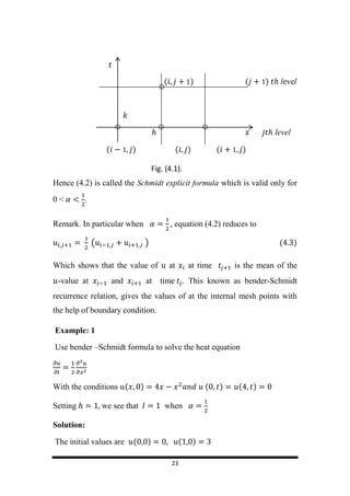 23
( ) ( ) level
level
( ) ( ) ( )
Hence (4.2) is called the Schmidt explicit formula which is valid only for
0 < .
Remark. In particular when equation (4.2) reduces to
( ) ( )
Which shows that the value of at at time is the mean of the
-value at and at time . This known as bender-Schmidt
recurrence relation, gives the values of at the internal mesh points with
the help of boundary condition.
Example: 1
Use bender –Schmidt formula to solve the heat equation
With the conditions ( ) ( ) ( )
Setting we see that when
Solution:
The initial values are ( ) ( )
Fig. (4.1).
 