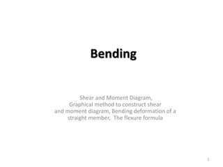 Bending
Shear and Moment Diagram,
Graphical method to construct shear
and moment diagram, Bending deformation of a
straight member, The flexure formula
1
 