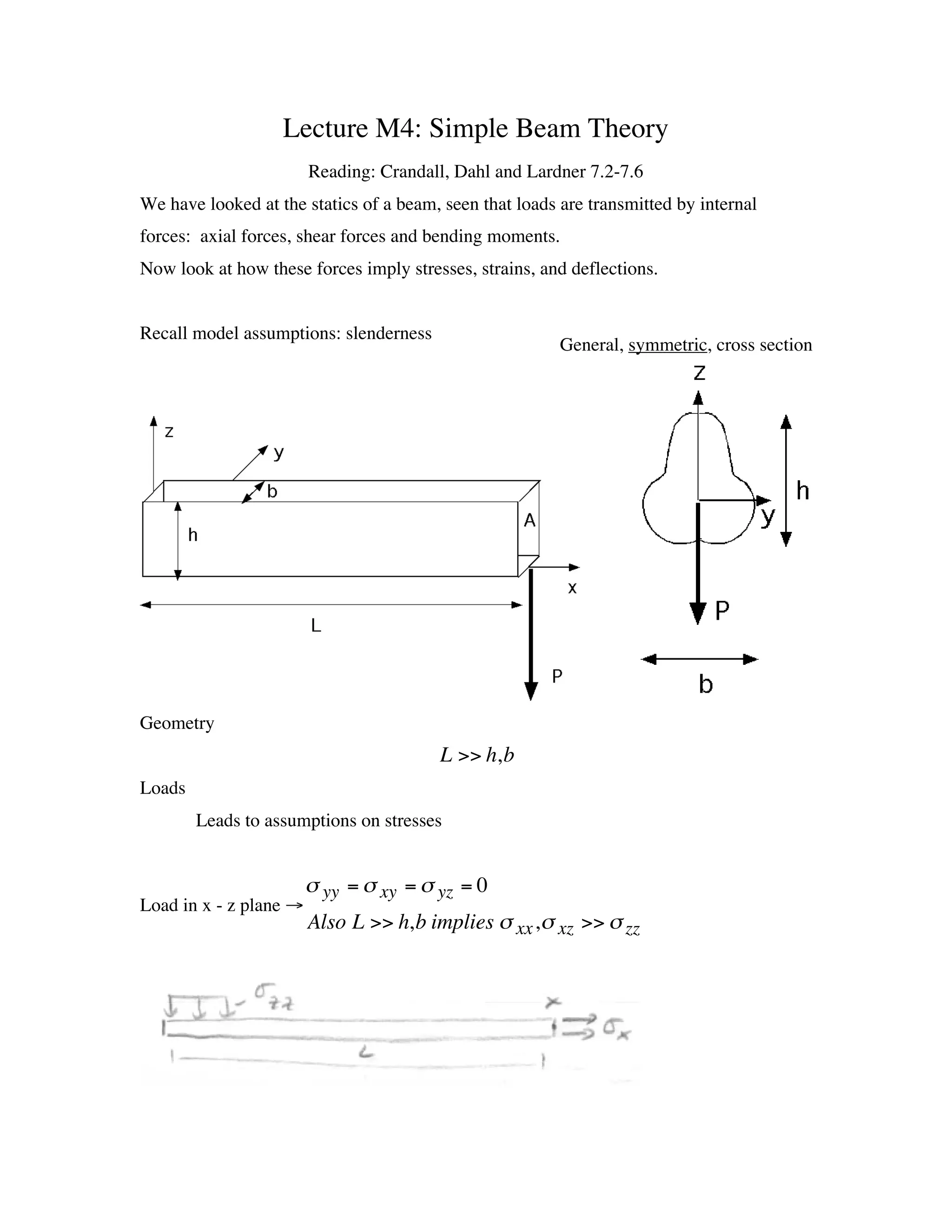 Lecture M4: Simple Beam Theory
                        Reading: Crandall, Dahl and Lardner 7.2-7.6
We have looked at the statics of a beam, seen that loads are transmitted by internal
forces: axial forces, shear forces and bending moments.
Now look at how these forces imply stresses, strains, and deflections.


Recall model assumptions: slenderness
                                                         General, symmetric, cross section




Geometry
                                        L >> h,b
Loads
        Leads to assumptions on stresses
                             †
                        s yy = s xy = s yz = 0
Load in x - z plane Æ
                        Also L >> h,b implies s xx ,s xz >> s zz



           †
 