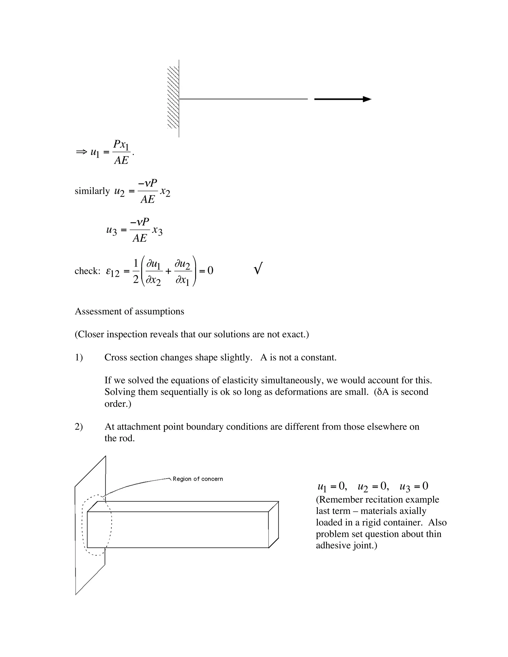 Px1
         ﬁ u1 =       .
                  AE
                          -nP
        similarly u2 =        x2
                          AE
†
                       -nP
                u3 =       x3
                       AE
     †
                       1 Ê ∂u1 ∂u2 ˆ
        check: e12 =     Á    +    ˜=0               ÷
                       2 Ë∂x2 ∂x1 ¯
    †

        Assessment of assumptions

    † (Closer inspection reveals that our solutions are not exact.)

        1)     Cross section changes shape slightly. A is not a constant.

               If we solved the equations of elasticity simultaneously, we would account for this.
               Solving them sequentially is ok so long as deformations are small. (dA is second
               order.)

        2)     At attachment point boundary conditions are different from those elsewhere on
               the rod.



                                                                      u1 = 0, u2 = 0, u3 = 0
                                                                      (Remember recitation example
                                                                      last term – materials axially
                                                                      loaded in a rigid container. Also
                                                         †            problem set question about thin
                                                                      adhesive joint.)
 