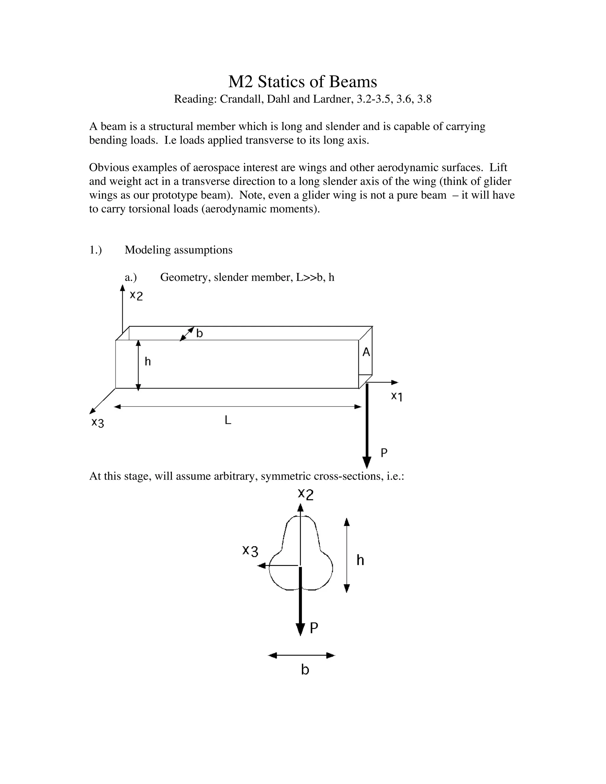 M2 Statics of Beams
                  Reading: Crandall, Dahl and Lardner, 3.2-3.5, 3.6, 3.8

A beam is a structural member which is long and slender and is capable of carrying
bending loads. I.e loads applied transverse to its long axis.

Obvious examples of aerospace interest are wings and other aerodynamic surfaces. Lift
and weight act in a transverse direction to a long slender axis of the wing (think of glider
wings as our prototype beam). Note, even a glider wing is not a pure beam – it will have
to carry torsional loads (aerodynamic moments).


1.)    Modeling assumptions

       a.)     Geometry, slender member, L>>b, h




At this stage, will assume arbitrary, symmetric cross-sections, i.e.:
 