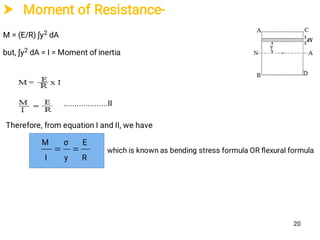 Moment of Resistance-
M = (E/R) ∫y2 dA
but, ∫y2 dA = I = Moment of inertia
....................II
Therefore, from equation I and II, we have
R
E
y
σ
I
M
 which is known as bending stress formula OR ﬂexural formula
20
 