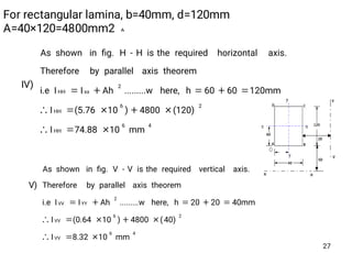 For rectangular lamina, b=40mm, d=120mm
‫؞‬A=40×120=4800mm2
IV)
46
HH
26
HH
2
xxHH
mm1074.88I
120)(4800)10(5.76I
120mm6060hhere,.........wAhIIi.e
theoremaxisparallelbyTherefore
axis.horizontalrequiredtheisH-Hﬁg.inshownAs



46
VV
26
VV
2
YYVV
mm108.32I
40)(4800)10(0.64I
40mm2020hhere,.........wAhIIi.e
theoremaxisparallelbyTherefore
axis.verticalrequiredtheisV-Vﬁg.inshownAs



V)
27
 