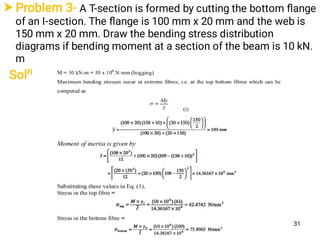  Problem 3- A T-section is formed by cutting the bottom ﬂange
of an I-section. The ﬂange is 100 mm x 20 mm and the web is
150 mm x 20 mm. Draw the bending stress distribution
diagrams if bending moment at a section of the beam is 10 kN.
m
Soln
31
 