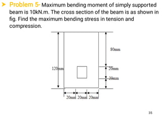  Problem 5- Maximum bending moment of simply supported
beam is 10kN.m. The cross section of the beam is as shown in
ﬁg. Find the maximum bending stress in tension and
compression.
35
 