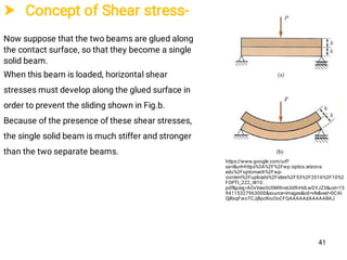  Concept of Shear stress-
https://www.google.com/url?
sa=i&url=https%3A%2F%2Fwp.optics.arizona.
edu%2Foptomech%2Fwp-
content%2Fuploads%2Fsites%2F53%2F2016%2F10%2
FOPTI_222_W10.
pdf&psig=AOvVaw0c0Mi9neLVdfnHdLwDYJZ3&ust=15
94115327963000&source=images&cd=vfe&ved=0CAI
QjRxqFwoTCJj8pcKruOoCFQAAAAAdAAAAABAJ
Now suppose that the two beams are glued along
the contact surface, so that they become a single
solid beam.
When this beam is loaded, horizontal shear
stresses must develop along the glued surface in
order to prevent the sliding shown in Fig.b.
Because of the presence of these shear stresses,
the single solid beam is much stiffer and stronger
than the two separate beams.
41
 