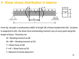  Shear stress distribution in beams-
From ﬁg. consider a small portion ABDC of length 'dX' of beam loaded with UDL. As beam
is subjected to UDL, the shear force and bending moment vary at every point along the
length of beam. Therefore, let
M = Bending moment at AB
M + dM = Bending moment at CD
F = Shear force at AB
F + dF = Shear force at CD
I = Moment of inertia about N.A
46
 