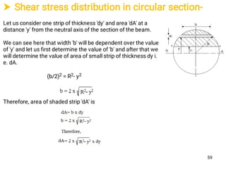  Shear stress distribution in circular section-
Let us consider one strip of thickness 'dy' and area 'dA' at a
distance 'y' from the neutral axis of the section of the beam.
We can see here that width 'b' will be dependent over the value
of 'y' and let us ﬁrst determine the value of 'b' and after that we
will determine the value of area of small strip of thickness dy i.
e. dA.
(b/2)2 = R2- y2
Therefore, area of shaded strip 'dA' is
59
 