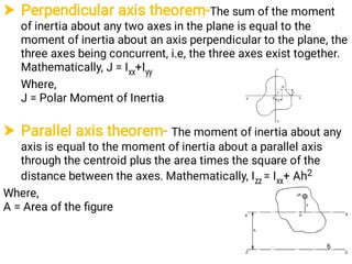  Perpendicular axis theorem-The sum of the moment
of inertia about any two axes in the plane is equal to the
moment of inertia about an axis perpendicular to the plane, the
three axes being concurrent, i.e, the three axes exist together.
Mathematically, J = Ixx+Iyy
Where,
J = Polar Moment of Inertia
 Parallel axis theorem- The moment of inertia about any
axis is equal to the moment of inertia about a parallel axis
through the centroid plus the area times the square of the
distance between the axes. Mathematically, Izz = Ixx+ Ah2
Where,
A = Area of the ﬁgure
6
 