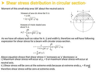  Shear stress distribution in circular section-
Moment of this small strip area 'dA' about the neutral axis is
As we have all values such as value for A. ȳ and width b, therefore we will have following
expression for shear stress for a beam with circular cross-section.
Above equation shows that shear stress 'ꞇ' increases as 'y' decreases i.e
i.) Maximum shear stress will occur at y1 = 0 or maximum shear stress will occur at
neutral axis.
ii.) Shear stress will be zero at the extreme ends because at extreme ends y1 = R and
therefore shear stress will be zero at extreme ends.
60
 