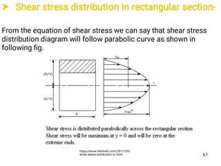  Shear stress distribution in rectangular section-
From the equation of shear stress we can say that shear stress
distribution diagram will follow parabolic curve as shown in
following ﬁg.
67
https://www.hkdivedi.com/2017/05/
shear-stress-distribution-in.html
 