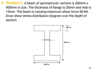  Problem1- A beam of symmetrical I section is 200mm x
400mm in size. The thickness of ﬂange is 20mm and web is
15mm. The beam is carrying maximum shear force 80 kN.
Draw shear stress distribution diagram over the depth of
section.
69
 