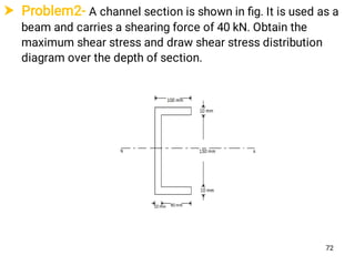  Problem2- A channel section is shown in ﬁg. It is used as a
beam and carries a shearing force of 40 kN. Obtain the
maximum shear stress and draw shear stress distribution
diagram over the depth of section.
72
 