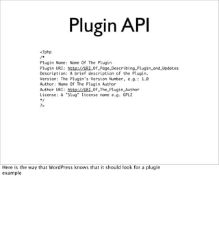Plugin API
                <?php
                /*
                Plugin Name: Name Of The Plugin
                Plugin URI: http://URI_Of_Page_Describing_Plugin_and_Updates
                Description: A brief description of the Plugin.
                Version: The Plugin's Version Number, e.g.: 1.0
                Author: Name Of The Plugin Author
                Author URI: http://URI_Of_The_Plugin_Author
                License: A "Slug" license name e.g. GPL2
                */
                ?>




Here is the way that WordPress knows that it should look for a plugin
example
 