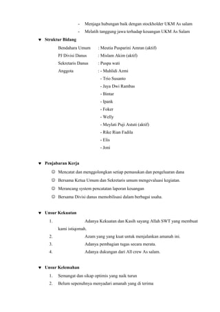 -   Menjaga hubungan baik dengan stockholder UKM As salam
                    -   Melatih tanggung jawa terhadap keuangan UKM As Salam
♥ Struktur Bidang
         Bendahara Umum       : Meutia Pusparini Amran (aktif)
         PJ Divisi Danus      : Mislam Akim (aktif)
         Sekretaris Danus     : Puspa wati
         Anggota              : - Muhlidi Azmi
                                - Trio Susanto
                                - Jaya Dwi Rambas
                                - Bintar
                                - Ipank
                                - Foker
                                - Welly
                                - Meylati Puji Astuti (aktif)
                                - Rike Rian Fadila
                                - Elis
                                - Joni


♥ Penjabaran Kerja
      Mencatat dan menggolongkan setiap pemasukan dan pengeluaran dana
      Bersama Ketua Umum dan Sekretaris umum mengevaluasi kegiatan.
      Merancang system pencatatan laporan keuangan
      Bersama Divisi danus memobilisasi dalam berbagai usaha.


♥ Unsur Kekuatan
    1.                  Adanya Kekuatan dan Kasih sayang Allah SWT yang membuat
         kami istiqomah.
    2.                  Azam yang yang kuat untuk menjalankan amanah ini.
    3.                  Adanya pembagian tugas secara merata.
    4.                  Adanya dukungan dari All crew As salam.


♥ Unsur Kelemahan
    1.   Semangat dan sikap optimis yang naik turun
    2.   Belum sepenuhnya menyadari amanah yang di terima
 