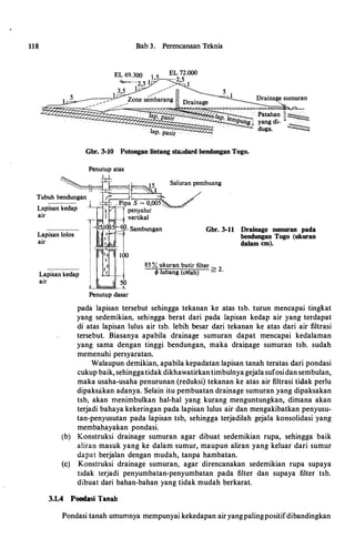 118 Bab 3. Perencanaan Teknis
Gbr. 3-10 Potongan lintang staadard bendungan Togo.
. Patahan H�
yang di- " · . · · . . ·
duga. �
Penutup atas
���151 Saluran pembuang
Tubuh bendungan .· �
.1_ Pipa S = 0,005 /
L�pisan kedap 'j l penyalur
air -f vertikal
f511560 Sambungan
Lapisan lolos
Gbr. 3-11 Drainage sumuran pada
bendungan Togo (ukuran
dalam cm).air
!
Lapisan kedap
air
85%ukuran butir filter > 2
r/J lubang (celah) = ·
Penutup dasar
pada Japisan tersebut sehingga tekanan ke atas tsb. turun mencapai tingkat
yang sedemikian, sehingga berat dari pada Japisan kedap air yang terdapat
di atas lapisan lulus air tsb. lebih besar dari tekanan ke atas dari air filtrasi
tersebut. Biasanya apabila drainage sumuran dapat mencapai kedalaman
yang sama dengan tinggi bendungan, maka draitlage sumuran tsb. sudah
memenuhi persyaratan.
Walaupun demikian, apabila kepadatan lapisan tanah teratas dari pondasi
cukup baik, sehinggatidak dikhawatirkan timbulnya gejalasufosidan sembulan,
maka usaha-usaha penurunan (reduksi) tekanan ke atas air filtrasi tidak perlu
dipaksakan adanya. Selain itu pembuatan drainage sumuran yang dipaksakan
tsb, akan menimbulkan hal-hal yang kurang menguntungkan, dimana akan
terjadi bahaya kekeringan pada lapisan lulus air dan mengakibatkan penyusu­
tan-penyusutan pada lapisan tsb, sehingga terjadilah gejala konsolidasi yang
membahayakan pondasi.
(b) Konstruksi drainage sumuran agar dibuat sedemikian rupa, sehingga baik
aliran masuk yang ke dalam sumur, maupun aliran yang keluar dari sumur
dapat berjalan dengan mudah, tanpa hambatan.
(c) Konstruksi drainage sumuran, agar direncanakan sedemikian rupa supaya
tidak terjadi penyumbatan-penyumbatan pada filter dan supaya filter tsb.
dibuat dari bahan-bahan yang tidak mudah berkarat.
3.1.4 Pondasi Tanah
Pondasi tanah umumnya mempunyai kekedapan air yangpalingpositifdibandingkan
 