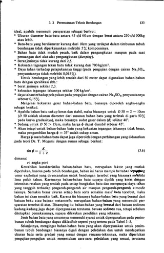 3. 2 Perencanaan Teknis Bendungan
ideal, apabila memenuhi persyaratan sebagai berikut:
133
* Ukuran diameter batu-batu antara 45 s/d 60 cm dengan berat antara 250 s/d 500kg
atau lebih.
* Batu-batu yang berdiameter kurang dari IOcm yang terdapat dalam timbunan tubuh
bendungan tidak diperkenankan melebihi 5 % komposisinya.
* Bahan batu tidak mudah pecah, baik dalam pengangkutan maupun pada saat
penuangan dari alat-alat pengangkutan (dumping).
* Beratjenisnya tidak kurang dari 2,5.
* Kekuatan tegangan tekan batu tidak kurang dari 700 kgfcm2•
* Daya tahan terhadap pelapukannya tinggi (pada pengujian dengan cairan Na2S04,
penyusutannya tidak melebihi 0,015 %).
Untuk bendungan yang lebih rendah dari 50 meter dapat digunakan bahan-bahan
batu dengan spesifikasi sbb. :
* berat jenisnya sekitar 2,3.
* kekuatan tegangan tekannya sekitar 300 kg/cm2•
* daya tahanterhadap pelapukan pada pengujian dengan cairan Na2S04, penyusutannya
sebesar 0,1 5 %.
Mengenai kekuatan geser bahan-bahan batu, biasanya diperoleh angka-angka
sebagai berikut:
* Apabila bahan batu cukup keras dan stabil, maka biasanya untuk D 50 = 2 - IOcm
(D 50 adalah ukuran diameter dari susunan bahan batu yang terletak di garis 50 %
pada kurva gradasinya), maka besarnya sudut geser dalam (if>) sekitar 40°.
* Sedang untuk D 50 > 1 5cm, maka harga if> dapat diambil sebesar 45°.
* Akan tetapi untuk bahan-bahan batu yang kekuatan tegangan tekannya tidak besar,
maka pengambilan harga if> = 35° sudah cukup aman.
Harga if> suatu bahan batu dapatjuga diperoleh dengan perhitungan yang didasarkan
pada teori Dr. T. Mogami dengan rumus sebagai berikut:
dimana:
. "" K
sm ., = --
1 + e
e: angka pori
(3.6)
Kestabilan karakteristika bahan-bahan batu, merupakan faktor yang mutlak
diperlukan, karena pada tubuh bendungan, bahan ini harus mampu bertahan �g
umur exploitasi yang direncanakan untuk bendungan tersebut yang bia.sanya �bihi
Iima puluh tahun. Karenanya bahan-bahan batu supaya dipilih yang keras dengan
intensitas retakan yang rendah pada setiap bungkalan batu dan mempunyai daya taltan
yang tangguh terhadap pengaruh-pengaruh air maupun pengaruh-pengaruh atmosfir
lainnya. Semakin besar ukuran setiap batu serta semakin masif batu tersebut, maka
bahan ini akan semakin baik. Karena itu biasanya bahan-bahan batu yang berasal dari
batuan beku atau batuan metamorfis, merupakan bahan-bahan yang memenuhi per­
syaratan tersebut di atas. Disamping itu bahan-bahan yang berasa.l dari batuan sedimen
kadang-kadang juga dapat dipergunakan terutama batuan sedimen tua, tetapi sebelum
ditetapkan pemakaiannya, supaya dilakukan penelitian yang seksama.
Jenis bahan batu yang umumnya memenuhi syarat untuk dipergunakan pada penim­
bunan tubuh bendungan dapat diklasifisir seperti yang tertera pada Tabel 3-5.
Selanjutnya, mengingat bahan-bahan batu yang akan dipergunakan untuk penim­
bunan tubuh bendungan biasanya digali dengan peledakan dan untuk mendapatkan
ukuran batu serta gradasi yang sesuai dengan rencana-teknisnya, maka diperlukao
pengujian-pengujian untuk menentukan cara-cara peledakan yang sesuai, terutama
 