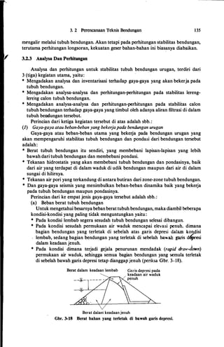 3. 2 Perencanaan Teknis Bendungan 135
mengalir melalui tubuh bendungan. Akan tetapi pada perhitungan stabilitas bendungan,
terutama perhitungan longsoran, kekuatan geser bahan-bahan ini bias�nya diabaikan.
3.2.3 Analysa Dan Perbitungan
Analysa dan perhitungan untuk stabilitas tubuh bendungan urugan, terdiri dari
3 (tiga) kegiatan utama, yaitu:
* Mengadakan analysa dan inventarisasi terha.dap gaya-gaya yang akan bekerja pada
tubuh bendungan.
* Mengadakan analysa-analysa dan perhitungan-perhitungan pada stabilitas lereng­
lere'ng calon tubuh bendungan.
* Mengadakan analysa-analysa dan perhitungan-perhitungan pada stabilitas calon
tubuh bendungan terhadap gaya-gaya yang timbul oleh adanya aliran filtrasi di dalam
tubuh bendungan tersebut.
Perincian dari ketiga kegiatan tersebut di atas adalah sbb. :
(1) Gaya-gaya atau beban-beban yang bekerjapada bendungan urugan
Gaya-gaya atau beban-beban utama yang bekerja pada bendungan urugan yang
akan mempengaruhi stabilitas tubuh bendungan dan pondasi dari bendungan tersebut
adalah:
* Berat tubuh bendungan itu sendiri, yang membebani lapisan-lapisan yang lebih
bawah dari tubuh bendungan dan membebani pondasi.
* Tekanan hidrostatis yang akan membebani tubuh bendungan dan pondasinya, baik
dari air yang terdapat di dalam waduk di udik bendungan maupun dari air di dalam
sungai di hilirnya.
* Tekanan air pori yang terkandung di antara butiran dari zone-zone tubuh bendungan.
* Dan gaya-gaya seismis yang menimbulkan beban-beban dinamika baik yang bekerja
pada tubuh bendungan maupun pondasinya.
Perincian dari ke empat jenis gaya-gaya tersebut adalah sbb. :
(a) Beban berat tubuh bendungan
Untuk mengetahui besarnya bebanberat tubuh bendungan, maka diambil beberapa
kondisi-kondisi yang paling tidak menguntungkan yaitu :
* Pada kondisi lembab segera sesuda:h tubuh bendungan selesai dibangun.
* Pada kondisi sesudah permukaan air waduk mencapai elevasi penuh, dimana
bagian bendungan yang terletak di sebelah atas garis depresi dalam kondisi
lembab, sedang bagian bendungan yang terletak di sebelah bawah garis d'resi
dalam keadaan jenuh. :
* Pada kondisi dimana terjadi gejala penurunan mendadak (rapid draw-down)
permukaan air waduk, sehingga semua bagian bendungan yang semula terletak
di sebelah bawah garis depresi tetap dianggapjenuh (periksa Gbr. 3-18).
Berat dalam keadaan lembab Garis depresi pada
keadaan air waduk
penuh
Berat dalarri keadaan jenuh
Gbr. 3-18 Berat bahan yang terletak di bawah garis depresi.
 