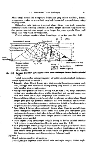 3. 2 Perencanaan Teknis Bendungan 161
Akan tetapi metode ini mempunyai kelemahan yang cukup menonjol, dimana
penggunaannya akan mencapai basil yang baik, hanya oleh tenaga ahli yang cukup
berpengalaman. .
Didasarkan pada jaringan trayektori aliran filtrasi yang telah tergambar,
selanjutnya dapat dihitung kapasitas air filtrasi dengan ketelitian yang cukup baik
dan gambar tersebut akan sangat cocok dengan kenyataan apabila dibuat oleh
'
tenaga ahli yang cukup berpengalaman.
Contoh jaringan trayektori aliran filtrasi dapat perhatikan pada.Gbr. 3-40.
Permukaan air waduk
Garis equipotensialI
h
Batas permukaan
kedap air meru­
pakan trayektori
aliran terendah
). 1 Permukaan air di hilir
Bidang
singgung Garis potensial bendungan
potensia.l dcnpn harp nol
Gbr. 3-40 Jaringan trayek.tori a1iran filtrasi dalam t'llllt..ll beat ga• (ne.pa jiBDiab poteasial
= 9).
Untuk menggambarjaringan trayektori aliran filtrasi melalui sebuah bendungan
supaya diperhatikan hal-hal sbb. :
* Trayektori aliran filtrasi dengan garis equi-potensial berpotongan secara tegak
lurus, sehingga akan membentuk bidang-bidang yang mendekati bentuk-bentuk
bujur-sangkar atau persegi panjang.
* Jadi apabila diperhatikan bentuk bidang ABCD (Gbr. 3-40) hanya mendekati
bentuk bujur sangkar, akan tetapi apabila dibagi-bagi lagi menjadi bagian yang
lebih kecil, maka bentuk .bujur sangkarnya akan semakin nyata.
* Biasanya bidang-bidang yang terbentuk oleh pertolongan trayektori aliran filtrasi
dengan garis-garis equi-potensial tersebut di atas lebih mendekati bentuk-bentuk
persegi panjang dan padasemua persegi panjang yang terjadi, perbandinganantara
sisi pendek dan sisi panjangnya mendekati harga yang sama.
* Pada bidang di bawah tekanan atmosfir, dimana aliran filtrasi tersembul keluar,
bukan merupakan trayektori aliran filtrasi dan bukan pula merupakan garis
equi-potensial, karenanya tidak akan terbentuk bidang-bidang berbentuk persegi­
panjang dan trayektori aliran filtrasi dengan permukaan tersebut tidak akan ber­
potongan secara vertikal.
* Garis depresi yang berpotongan dengan bidang di bawah tekanan atmosfir
(titik tertinggi tersembulnya aliran filtrasi), tertera pada Gbr. 3-41.
* Titik perpotongan antara garis-garis equi-potensial dengan garis depresi adalah
dengan interval (llh) yang diperoleh dengan membagi tinggi tekanan air (perbe­
daan antara elevasi permukaan air dalam waduk dan permukaan air di bagian
hilir bendungan) dengan suatu bilangan integer (bilangan bulat).
Referensi 1
Contohjaringan trayektori aliranfiltrasi
Contoh jaringan trayektori aliran filtrasi pada bendungan urugan, dimana angka
 