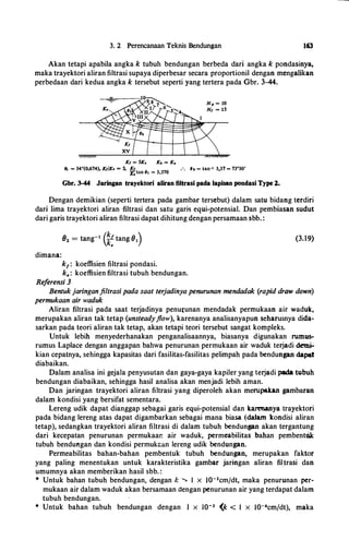 3. 2 Perencanaan Teknis Bendungan 163
Akan tetapi apabila angka k tubuh bendungan berbeda dari angka k pondasinya,
maka trayektori aliran filtrasi supaya diperbesar secara proportionil dengan mengalikan
perbedaan dari kedua angka k tersebut seperti yang tertera pada Gbr. 3-44.
Kt = SK. KA = K.
81 = 34°(0,674), Kt/K• = S, Kt
8 _ 3 370K, tan 1 - ,
N, = 10
Nt = lS
•
•• 8o = tan-• 3,37 = 73°30'
Gbr. 3-44 Jaringan trayektori aliran filtrasi pada lapisan pondasi Type l.
Dengan demikian (seperti tertera pada gambar tersebut) dalam satu bidang terdiri
dari Iima trayektori aliran ·filtrasi dan satu gari'> equi-p.otensial. Dan pembiasan sudut
dari garis trayektori aliran filtrasi dapat dihitungdengan persamaan sbb. :
(3.19)
dimana:
k1 : koeffisien filtrasi pondasi.
k.: koeffisien filtrasi tubuh bendungan.
Referensi 3
Bentukjaringanfi/trasi pada saat terjadinya penurunan mendadak (rapid draw down)
permukaan air waduk
Aliran filtrasi pada saat terjadinya penutunan mendadak permukaan air waduk,
merupakan aliran tak tetap (unsteadyflow), karenanya analisanyapun seharusnya dida­
sarkan pada teori aliran tak tetap, akan tetapi teori tersebut sangat kompleks.
Untuk lebih menyederbanakan penganalisaannya, biasanya digunakan rumus­
rumus Laplace dengan anggapan bahwa penurunan permukaan air waduk terjadi demi­
kian cepatnya, sehingga kapasitas dari fasilitas-fasilitas pelimpab pada bendungan dapat
diabaikan.
Dalam analisa ini gejala penyusutan dan gaya-gaya kapiler yang terjadi pada tubuh
bendungan diabaikan, sebingga basil analisa akan menjadi Iebih aman.
Dan jaringan trayektori aliran filtrasi yang diperoleb akan merupakan gambaran
dalam kondisi yang bersifat sementara.
Lereng udik dapat dianggap sebagai garis equi-potensial dan karenanya trayektori
pada bidang lereng atas dapat digambarkan sebagai mana biasa (dalam kondisi aliran
tetap), sedangkan trayektori aliran filtrasi di dalam tubub bendun§llll akan tergantung
dari kecepatan penurunan permukaan air waduk, permeabilitas bahan pembenttik
tubub bendungan dan kondisi permukl:.an lereng udik bendungan.
Permeabilitas baban-baban pembentuk tubub bendungan, merupakan faktor
yang paling menentukan untuk karakteristika gambar jaringan aliran filJrasi dan
umumnya akan memberikan basil sbb. :
* Untuk bahan tubub bendungan, dengan k "> I x I0-3cmfdt, maka penurunan per­
mukaan air dalam waduk akan bersamaan dengan penurunan air yang terdapat dalam
tubuh bendungan.
* Untuk baban tubub bendungan dengan l x I0-3 (k < 1 x I0-4cm/dt), maka
 
