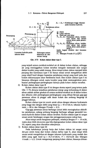 3. 3 Rencana-Teknis Bangunan Pelimpah 217
Ez = Dz + fi Et - Ez = Kehilangan tinggi tekanan
pada loncatan-hydrolis.
vr
g
Et = Dt + lg Kedalaman aliran
I
.o .
.
o 0
.
.
.
Q
• •
.
Q ..
.
.• ·.' 0
L
Loncatan hydrolis pada Hubungan antara
saluran datar dalamnya air dan
satuan energi
Q: Debit
W: Lebar saluran
q: Debit per unit lebar
Vt, D�o E1 : Kecepatan aliran, kedala­
man aliran dan satuan
energi aliran pada penam­
pang I
V2, D2, E2: Kecepatan aliran, kedala­
man aliran dan satuan
energi aliran pada penam­
pang 2
(pada bagian terakhir dari loncatan
energi)
F1 : Bilangan Froude (Vtf../gDJ)
Gbr. 3-73 Kolam olakan datar type I.
yang terjadi antara molekul-molekul air di dalam kolam olakan, sehingga
air yang meninggalkan kolam tersebut mengalir memasuki alur sungai
dalam kondisi yang sudah tenang. Akan tetapi kolam olakan menjadi lebih
panjang dan karenanya type I ini hanya sesuai untuk mengalirkan debit
yang relatif kecil dengan kapasitas peredaman energi yang kecil pula dan
kolam olakannyapun akan berdimensi kecil. Dan kolam olakan type I ini
biasanya dibangun untuk suatu kondisi yang tidak memungkinkan pem­
buatan perlengkapan-perlengkapan lainnya pada kolam olakan tersebut.
2) Kolam olakan datar type 11
Kolam olakan datar type 11 ini dengan skema seperti yang tertera pada
Gbr. 3-74, dimana terjadinya peredaman energi yang terkandung di dalam
aliran adalah akibat gesekan di antara molekul-molekul air di dalam k.olam
dan dibantu oleh perlengkapan-perlengkapan yang dibuat berupa gigi-gigi
pemencar aliran qi pinggir udik dasar kolam dan ambang bergerigi di
pinggir hilirnya.
Kolam olakan type ini cocok untuk aliran dengan tek.anan hydrostatis
yang tinggi dan dengan debit yang besar (q > 45 m3/dt/m, tek.anan hydro­
statis > 60 m dan bilangan Froude > 4,5).
Gigi-gigi pemencar aliran berfungsi untuk lebih meningk.atkan efektifi­
tas peredaman, sedang ambang bergerigi berfungsi sebagai penstabil lon­
catan hydrolis dalam kolam olakan tersebut. Kolam olak.an type ini sangat
sesuai untuk bendungan urugan dan pernggunaannyapun cukup luas.
Akan tetapi untuk bangunan pelimpah, misalnya dengan V = 18 m/dt,
maka akan lebih ekonomis apa hila dipergunakan kolam olakan datar type
I ll, seperti yang akan diuraikan selanjutnya.
3) Kolam olakan datar type JII
Pada hakekatnya prinsip kerja dari kolam olakan ini sangat mtrtp
dengan sistim kerja dari kolam olakan daftar type II, akan tetapi lebih
sesuai untuk mengalirkan air dengan tekanan hydrostatis yang rendah dan
debit yang agak kecil (q < 18,5 m3/dt/m, V < 18,0 m/dt dan bilangan
Froude > 4,5). Untuk mengurangi panjang kolam olakan, biasanya dibuat-
 