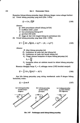 232 Bab 3. Perencanaan Teknis
Kapasitas lubang-lubang penyadap dapat dihitung dengan rumus sebagai berikut·:
(a) Untuk lubang penyadap yang kecil (Gbr. 3-87a)
Q = CA 4Ji
dimana:
Q: debit penyadapan sebuah lubang (m3/dt)
C: koeffisien debit ±0,62
A : luas penampang lubang (mz)
g: gravitasi (9,8 m/dt)
H: tinggi air dari titik tengah lubang ke permukaan (m).
(b) Untuk lubang penyadap yang besar (Gbr. 3-87b)
Q = ; BC ../2g{(Hz + h")3tz - (Ht + h.)zt3}
dimana:
B: lebar lubang penyadap (m)
H1 : kedalaman air pada tepi atas lubang (m)
Hz : kedalaman air pada tepi bawah lubang (m)
h11: Tinggi tekanan kecepatan di depan lubang penyadap (m)
h = v:
• 2g
(3.84)
(3.85)
V.: kecepatan aliran air sebelum masuk ke dalam lubang penyadap
(m/dt)
Biasanya dianggap harga V" = 0, sehingga rumus (3.85) berubah menjadi:
(3.86)
Apa bila lubang penyadap yang miring membentuk sudut 8 dengan bidang
horizontal, maka:
Q, = Q sec 8
(a) Lubang penyadap
yg kecil (bujur­
sangkar)
(b) Lubang penyadap
yg besar (perse­
gi empat)
(3.87)
(c) Lu�g penyadap
yg. besar (berben­
tuk lingkaran)
Gbr. 3-87 Perhitungan untuk lubang-lubang penyadap.
 