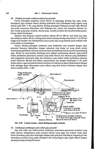 238 Bab 3. Perencartaan Tek.nis
(4) Dinding pencegah rembesan padapipapenya/ur
Untuk mencegah terjadinya aliran filtrasi di sepanjang dinding luar pipa, maka
melingkari pipa tersebut dibuat dinding berbentuk sirip (fin-shaped wall), seperti yang
tertera pada Gbr. 3-89, yang disebut dinding pencegah rembesan (cut-o./fwa/1). Bentuk
dan jarak antaranya ditentukan oleh beberapa hal, antara lain besarnya tekanan air
dari waduk pada pipa tersebut, ukuran pipa, kondisi pondasi dan karakteristika penim­
bunan tubuh bendungan.
Dimensi sirip biasanya adalah melebar sebesar 50 sfd 100 cm. dari kulit luar pipa
dan tebalnya sekitar 30 cm, sedangjarak antara masing-masing sirip antara 7 s/d 10 kali
tinggi sirip tersebut dan ditempatkan hanya pada pipa yang terletak pada sebelah udik
zone kedap air bendungan.
Antara dinding pencegah rembesan yang berbentuk sirip tersebut dengan pipa
penyalur biasanya dipisahkan dengan semacam ring kedap air yang elastis untuk
menampung perbedaan tekanan antara pondasi pendukung sirip dan pondasi pendukung
pipa. Selain itu ring tersebut berfungsi pula sebagai penampung tekanan yang timbul
akibat perbedaan penurunan pondasi yang tidak merata dan tekanan yang disebabkan
oleh pergeseran horizontal pipa dan kekuatan yang timbul akibat perbedaan tekanan
tanah timbunan. Bentuk sirip dibuat meruncing ke atas dengan kemiringan 1 : 0,1 pada
kedua sisinya, agarpemadatan bahan timbunan di sekitarnya dapat dilaksanakan dengan
baik sehingga dapat diharapkan suatu adhesi yang baik antara timbunan dengan sirip
beton tersebut (Gbr. 3-89).
Tinggi dinding pen­
cegah rembesan
H.W.L
/
1 a-a
Pipa penyalur
Jarak antara L = 7"' 10 x H
Pipa
penyalur
Penulangan
air
-+--tflr+c-�......,�Tanah urugan
. I
Tulang �9-13 mm dgn
jarak antara 20-30 cm
�r.-P==�# :· ·· · . :I :3:6 Beton I :3:6, tebal I0-20 cm
�.,.,...,�0--'-1-- ------ ---'
Diameter 800mm
Dinding beton pencegah rembesan
I :2:4 Tebal 30 cm dgn tulang ��-13mm
dgnjarak antara 20-30 mm
Gbr. 3-89 Contoh rencana-teknis dinding pencegah rembesan.
(5) Sambungan-sambunganpada tubuh pipa penyalur
Apa hila tidak ada kekhawatiran timbulnya penurunan-penurunan pondasi yang
tidak merata, sebagaimana pada pondasi batuan yang segar dan kukuh, maka pipa
beton bertulang yang akan berfungsi sebagai pipa penyalur diletakkan langsung di atas
permukaan pondasi yang sudah disiapkan dan setiap bagian pipa dapat dibuat dengan
panjang masing-masing 8,0 meter.
 
