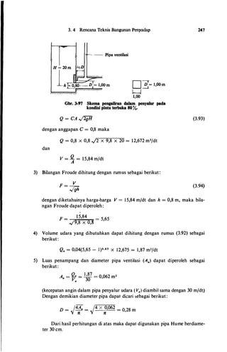 3. 4 Rencana Teknis Bangunan Penyadap
-· -- Pipa ventilasi
D�= l,OOm
w
1,00
Gbr. 3-97 Skema pengaliran dalam penyalur pada
kondisi pintu terbuka 80 %.
Q = CA .../2ifl
dengan anggapan C = 0,8 maka
dan
Q = 0,8 X 0,8 ../2 X 9,8 X 20 = 12,672 m3/dt
V = Q = 1 5 84 m/dt
A '
3) Bilangan Froude dihitung dengan rumus sebagai berikut :
V
F = -:;Tgh
247
(3.93)
(3.94)
dengan diketahuinya harga-harga V = 1 5,84 m/dt dan h = 0,8 m, maka bila­
ngan Froude dapat diperoleh :
F =
1 5,84
= 5,65
../9,8 X 0,8
4) Volume udara yang dibutuhkan dapat dihitung dengan rumus (3.92) sebagai
berikut :
Q.. = 0,04(5,65 - l)0•8s X 12,675 = 1,87 m3/dt
5) Luas penampang dan diameter pipa ventilasi (A.. ) dapat diperoleh sebagai
berikut :
A =
Q.. =
1
•87 = 0 062 m2
4 V., 30 '
(kecepatan angin dalam pipa penyalur udara ( V.,) diambil sama dengan 30 m/dt)
Dengan demikian diameter pipa dapat dicari sebagai berikut :
D =
/4A
.. = /4 X 0,062 = O 28 m
� n � n '
Dari hasil perhitungan di atas maka dapat digunakan pipa Hume berdiame­
ter 30 cm.
 