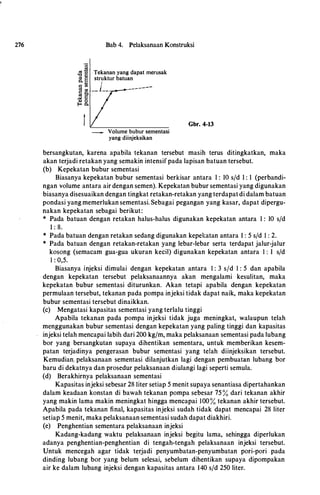 276 Bab 4. Pelaksanaan Konstruksi
-�
� E Tekanan yang dapat merusak
a s struktur batuan
.., j;j "' - - - - - --
c:
"'
--
--
"' S'� 0
1-o t:l.
Volume bubur sementasi
yang diinjeksikan
Gbr. 4-13
bersangkutan, karena apabila tekanan tersebut masih terus ditingkatkan, maka
akan terjadi retakan yang semakin intensifpada lapisan batuan tersebut.
(b) Kepekatan bubur sementasi
Biasanya kepekatan bubur sementasi berkisar antara I : IO s/d I : I (perbandi­
ngan volume antara air dengan semen). Kepekatan bubur sementasi yang digunakan
biasanya disesuaikan dengan tingkat retakan-retakan yang terdapatdi dalam batuan
pondasi yang memerlukan sementasi. Sebagai pegangan yang kasar, dapat dipergu­
nakan kepekatan sebagai berikut:
* Pada batuan dengan retakan halus-halus digunakan kepekatan antara I : IO s/d
I : 8.
* Pada batuan dengan retakan sedang digunakan kepekatan antara 1 : 5 s/d 1 : 2.
* Pada batuan dengan retakan-retakan yang lebar-lebar serta terdapat jalur-jalur
kosong (semacam gua-gua ukuran kecil) digunakan kepekatan antara 1 : 1 s/d
1 : 0,5.
Biasanya injeksi dimulai dengan kepekatan antara 1 : 3 s/d 1 : 5 dan apabila
dengan kepekatan tersebut pelaksanaannya akan mengalami kesulitan, maka
kepekatan bubur sementasi diturunkan. Akan tetapi apabila dengan kepekatan
permulaan tersebut, tekanan pada pompa injeksi tidak dapat naik, maka kepekatan
bubur sementasi tersebut dinaikkan.
(c) Mengatasi kapasitas sementasi yang terlalu tinggi
Apabila tekanan pada pompa injeksi tidak juga meningkat, walaupun telah
menggunakan bubur sementasi dengan kepekatan yang paling tinggi dan kapasitas
injeksi telah mencapai labih dari 200 kg/m, maka pelaksanaan sementasi pada lubang
bor yang bersangkutan supaya dihentikan sementara, untuk memberikan kesem­
patan terjadinya pengerasan bubur sementasi yang telah diinjeksikan tersebut.
Kemudian. pelaksanaan sementasi dilanjutkan lagi dengan pembuatan lubang bor
baru di dekatnya dan prosedur pelaksanaan diulangi lagi seperti semula.
(d) Berakhirnya pelaksanaan sementasi
Kapasitas injeksi sebesar 28 1iter setiap 5 menit supaya senantiasa dipertahankan
dalam keadaan konstan di bawah tekanan pompa sebesar 75 % dari tekanan akhir
yang makin lama makin meningkat hingga mencapai 100% tekanan akhir tersebut.
Apabila pada tekanan final, kapasitas injeksi sudah tidak dapat mencapai 28 liter
setiap 5 menit, maka pelaksanaan sementasi sudah dapat diakhiri.
(e) Penghentian sementara pelaksanaan injeksi
Kadang-kadang waktu pelaksanaan injeksi begitu lama, sehingga diperlukan
adanya penghentian-penghentian di tengah-tengah pelaksanaan injeksi tersebut.
Untuk mencegah agar tidak terjadi penyumbatan-penyumbatan pori-pori pada
dinding lubang bor yang belum selesai, sebelum dihentikan supaya dipompakan
air ke dalam lubang injeksi dengan kapasitas antara 140 s/d 250 liter..
 