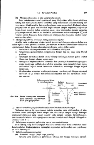 4. 3 Perbaikan Pondasi 277
(f) Mengatasi kapasitas injeksi yang terlalu rendah
Pada hakekatnya antara kapasitas air yang diinjeksikan lebih dahulu di dalam
lubang bor dan kapasitas bubur sementasi yang diinjeksikan ke dalam lubang bor
yang sama, tidaklah selalu dalam perbandingan yang proporsionil. Kadang-kadang
penginjeksian air pada suatu batuan begitu mudah dengan kapasitas yang cukup
besar, tetapi mungkin bubur sementasi sangat sukar diinjeksikan dengan kapasitas
yang sangat rendah. Dalam hal demikian, pembubuhan bentonit sebanyak 5 % dari
volume semen, biasanya dapat membantu meningkatkan kapasitas injeksi bubur
sementasi tersebut.
(4) Mengatasiproblema kebocoran pada pe/aksanaan injeksi
Apabila pada pelaksanaan injeksi, terjadi kebocoran-kebocoran dengan keluarnya
bubur injeksi ke atas permukaan tanah, (periksa Gbr. 4-14) maka kebocoran-kebocoran
tersebut dapat diatasi dengan salah satu metode yang tertera di bawah ini:
I . Pembetonan d i atas permukaan tanah d i sekitar lubang bor.
2. Penyumbatan-penyumbatan, umpamanya dengan baji-baji kayu yang dibalut
goni tua.
3. Penutupan permukaan tanah sekitar lubang bor dengan lapisan gunite setebal
1 8 cm atau dengan adukan semen-pasir.
4. Peningkatan kepekatan bubur sementasi dan apabila pada saat berlangsungnya
injeksi masih juga terlihat adanya bubur sementasi yang mengalir keluar, maka
pelaksanaan injeksi untuk sementara dihentikan, menunggu hingga terjadi
pengerasan.
5. Melaksanakan sementasi setelah penimbunan Zone kedap air hingga mencapai
ketebalan 1,5 s/d 6 meter dan sementasi dikerjakan dari atas permukaan timbu-
nan tersebut.
Gbr. 4-14
(a) (b)
(5) Metode sementasiyang dilaksanakan di atas timbunan tubuh bendungan
Permuka<�n
pondasi
Walaupun dewasa ini penggunaan metode sementasi yang dilaksanakan di atas
timbunan tubuh bendungan masih sangat luas, akan tetapi dengan adanya berbagai
kelemahan-kelemahan yang sangat negatif serta dengan semakin berkembangnya
metode-metode lainnya, maka penggunaan metode tersebut sudah banyak ditinggalkan
(periksa Tabel 4--1).
(6) Pelaksanaan sementasi pada tebing sungai yang mudah longsor
Pada tebing yang mudah longsor, biasanya sementasinya dapat dikerjakan lebih
dahulu sebelum dilaksanakannya penggalian-penggalian parit pondasi alas zone kedap
air suatu bendungan.
(7) Teknik pelaksanaan sementasi
(a) Sementasi tunggal (single stage grouting)
Pertama-tama dilakukan pembuatan lubang bor hingga mencapa1 seluruh
 