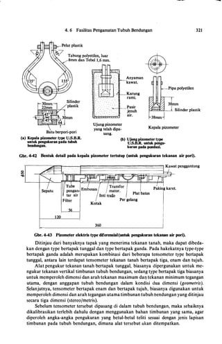 4. 6 Fasilitas Pengarnatan Tubuh Bendungan
Batu berpori-pori
(a) Kepala pizometer type U.S.B.R.
untuk pengukuran pada tubuh
beodungan.
. . ..
Anyaman
kawat.
Karung
rami.
'---c--Jt---- Pasir
jenuh
air.
Pipa polyetilen
Ujung pizometer
yang telah dipa­
sang.
Kepala pizometer
(b) Ujung pizometer type
U.S.B.R. untuk pengu­
kuran pada pondasi.
Gbr. 4-42 Bentuk detail pada kepala pizometer tertutup (untuk pengukuran tekanan air pori).
56
120
I
Kotak
360
/ Plat batas
Per gelang
I
Paking karet.
I
II
!
Gbr. 4-43 Pizometer elektris type diferensial(untuk pengukuran tekanan air pori).
321
Ditinjau dari banyaknya tapak yang menerima tekanan tanah, maka dapat dibeda­
kan dengan type bertapak tunggal dan type bertapak ganda. Pada hakekatnya type-type
bertapak ganda adalah merupakan kombinasi dari beberapa tensometer type bertapak
tunggal, antara lain terdapat tensometer tekanan tanah bertapak tiga, enam dan tujuh.
Alat pengukur tekanan tanah bertapak tunggal, biasanya dipergunakan untuk me­
ngukur tekanan vertikal timbunan tubuh bendungan, sedang type bertapak tiga biasanya
untuk memperoleh dimensi dan arah tekanan maximum daq tekanan minimum tegangan
utama, dengan anggapan tubuh bendungan dalam kondisi dua dimensi (geometris).
Selanjutnya, tensometer bertapak enam dan bertapak tujuh, biasanya digunakan untuk
memperoleh dimensi dan arah tegangan utama timbunan tubuh bendungan yang ditinjau
secara tiga dimensi (stereojmetris).
Sebelum tensometer tersebut dipasang di dalam tubuh bendungan, maka sebaiknya
dikalibrasikan terlebih dahulu dengan menggunakan bahan timbunan yang sama, agar
diperoleh angka-angka pengukuran yang betul-betul teliti sesuai dengan jenis lapisan
timbunan pada tubuh bendungan, dimana alat tersebut akan ditempatkan.
-
 