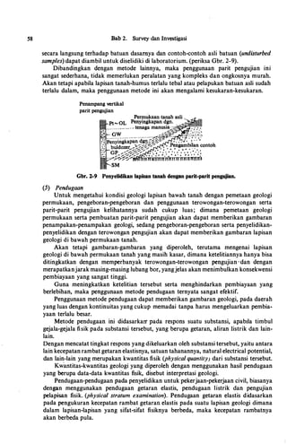 58 Bab 2. Survey dan In�tigasi
secara langsung terhadap batuan dasarnya dan contoh-contoh asli batuan (undisturbed
samples) dapat diambil untuk diselidiki di laboratorium. (periksa Gbr. 2-9).
Dibandingkan dengan metode lainnya, maka penggunaan parit pengujian ini
sangat sederhana, tidak memerlukan peralatan yang kompleks dan ongkosnya murah.
Akan tetapi apabila lapisan tanah-humus terlalu tebal atau pelapukan batuan asli sudah
terlalu dalam, maka penggunaan metode ini akan mengalami kesukaran-kesukaran.
Penampang vertikal
parit pengujian
Gbr. 2-9 Penyelidikan lapisan tanah dengan parit-parit pengujian.
(5) Pendugaan
Untuk mengetahui kondisi geologi lapisan bawah tanah dengan pemetaan geologi
permukaan, pengeboran�pengeboran dan penggunaan terowongan-terowongan serta
parit-parit pengujian kelihatannya sudah cukup luas; dimana pemetaan geologi
permukaan serta pembuatan parit-parit pengujian akan dapat memberikan gambaran
penampakan-penampakan geologi, sedang pengeboran-pengeboran serta penyelidikan­
penyelidikan dengan terowongan pengujian akan dapat memberikan gambaran lapisan
geologi di bawah permukaan tanah.
Akan tetapi gambaran-gambaran yang diperoleh, terutama mengenai lapisan
geologi di bawah permukaan tanah yang masih kasar, dimana ketelitiannya hanya bisa
ditingkatkan dengan memperbanyak terowongan-terowongan pengujian · dan dengan
merapatkanjarak masing-masing lubang bor, yangjelas akan menimbulkan konsekwensi
pembiayaan yang sangat tinggi.
Guna meningkatkan ketelitian tersebut serta menghindarkan pembiayaan yang
berlebihan, maka penggunaan metode pendugaan ternyata sangat efektif.
Penggunaan metode pendugaan dapat memberikan gambaran geologi, pada daerah
yang luas dengan kontinuitas yang cukup memadai tanpa harus mengeluarkan pembia­
yaan terlalu besar.
Metode pendugaan ini didasarkarr pada respons suatu substansi, apab!la timbul
gejala-gejala fisik pada substansi tersebut, yang berupa getaran, aliran Iistrik dan lain­
lain.
Dengan mencatat tingkat respons yang dikeluarkan oleh substansi tersebut, yaitu antara
lain kecepatan rambat getaran elastisnya, satuan tahanannya, natural electrical potential,
dan lain-lain yang merupakan kwantitas fisik (physical quantity) dari substansi tersebut.
Kwimtitas-kwantitas geologi yang diperoleh dengan menggunakan basil pendugaan
yang berupa data-data kwantitas fisik, disebut interpretasi geologi.
Pendugaan-pendugaan pada penyelidikan untuk pekerjaan-pekerjaan civil, biasanya
dengan menggunakan pendugaan getaran elastis, pendugaan listrik dan pengujian
pelapisan fisik. (physical stratum examination). Pendugaan getaran elastis didasarkan
pada pengukuran kecepatan rambat getaran elastis pada suatu lapisan geologi dimana
dalam lapisan-lapisan yang sifat-sifat fisiknya berbeda, maka kecepatan rambatnya
akan berbeda pula.
 