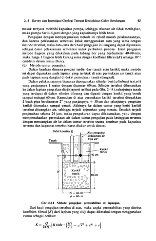 2. 4 Survey dan Investigasi Geologi Tempat Kedudukan Calon Bendungan 65
masuk ternyata melebihi kapasitas pompa, sehingga tekanan air tidak meningkat,
maka pompa harus diganti dengan yang kapasitasnya lebih besar.
Pengujian dengan mempergunakan metode ini relatif mudah pelaksanaannya,
dan karena pelaksanaan sementasi kelak menggunakan cara yang sama dengan
metode tersebut, maka data-data dari hasil pengujian ini langsung dapat digunakan
sebagai dasar pelaksanaan sementasi untuk perbaikan pondasi. Basil pengujian
metode Lugeon yang dilakukan pada lubang bor yang berdiameter 40--80 mm,
maka harga 1 Lugeon lebih kurang sama dengan koeffisien filtrasi (K) seharga 10-5
cmfdetik dalam rumus Darcy.
(b) Metode sumur pengujian
Dalam keadaan dimana pondasi terdiri dari tanah atau kerikil, maka metode
ini dapat digunakan pada lapisan yang terletak di atas permukaan air tanah atau
pada lapisan yang dangkal di dekat permukaan tanah (dangkal).
Da1am pelaksanaannya biasanya dipergunakan silinder besi (cylindrical testpit)
yang panjangnya 1 meter dengan diameter 60 cm. Silinder tersebut dibenamkan
ke dalam lapisan yang akan diuji (seperti terlihat pada Gbr. 2-14), selanjutnya tanah
yang terdapat di dalam silinder dibuang dan diganti dengan kerikil yang bersih
sampai setinggi 60 cm. Kemudian di atas permukaan kerikil tersebut ditegakkan
2 buah pipa berdiameter 2" yang panjangnya ± 50 cm dan selanjutnya pengisian
kerikil diteruskan sampai penuh. Akhirnya ke dalam sumur yang berisi kerikil
tersebut dituangkan air, sehingga terjadi kejenuhan yang merata. Sesudah terjadi
penjenuhan selama 24 jam, maka pengukuran dapat dilaksanakan, yaitu dengan
mempertahankan permukaan air dalam sumur pengujian pacta ketinggian tertentu
dengan menuangkan air ke dalam sumur tersebut secara kontinue pacta kapasitas
tertentu dan kapasitas tersebut harus diukur untuk dicatat.
Debit konstan Q
Tanah
Alat pengukur
kedalaman air
Pipa 1{>2"
Gbr. 2-14 Metode pengujian permeabilitas di lapangan.
Dari hasil pengujian tersebut di atas, maka angka permeabilitas yang disebut
koeffisien filtrasi (K) dari lapisan yang diuji dapat diketahui dengan menggunakan
rumus sebagai berikut :
K = JL
{H sinh-1 (H) - ...ji2 + H2 + r}2nH3 r
 