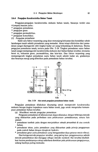 2. 6 Pengujian Bahan Bendungan
2.6.4 Pengujian Karakteristika Bahan Taoah
85
Pengujian-pengujian karakteristika mekanis bahan tanah, biasanya terdiri atas
4 (empat) macam yaitu:
* pengujian pemadatan.
* pengujian geser.
* pengujian permeabilitas.
* pengujian konsolidasi.
(1) Pengujian pemadatan
Salah satu faktor terpenting yang akan menunjang kekuatan dan kestabilan tubuh
bendungan tanah adalah pemadatan yang memadai. Akan tetapi efektivitas dari pema­
datan sangat dipengaruhi oleh tingkat kadar air yang terkandung di dalamnya. Skema
pengujian pemadatan tanah, tertera pada Gbr. 2-24. Tingkat pemadatan suatu bahan
tanah sangat mempengaruhi karakteristika mekanis dari bahan-bahan tersebut, terutama
berat isi, kekuatan geser, permeabilitas, dan lain-lain. Dan faktor terpenting yang
mempengaruhi tingkat pemadatan suatu bahan tanah adalah kadar air, gradasinya
dan besarnya energi yang di"berikan pada pemadatan bahan tersebut.
'
8.....
'9-
.....
l
r •.
/.../
-
S,Oif>
Berat 25 kg
Gbr. 2-24 Alat untuk pengujian pemadatan bahan tanah.
Pengujian pemadatan dilakukan disamping untuk memperoleh karakteristika
mekanis berupa tingkat kepadatan suatu bahan tanah, juga untuk mengetahui kemam­
puan pemadatan bahan tersebut.
(a) Klasifikasi metode pengujian pemadatan
Pengujian pemadatan di labo�atorium dapat dilakukan dengan beberapa metode
yang didasarkan pada perbedaan cara pelaksanaan pemadatannya, antara lain
adalah:
* pemadatan tumbuk yaitu dengan menjatuhkan sebuah penumbuk di alas contoh
. bahan.
* pemadatan tekan, yaitu pemadatan yang didasarkan pada prinsip pengepresan
pada contoh bahan dengan dongkrak hydrolis.
* pemadatan getar yaitu pemadatan yang menggunakan daya getaran mesin vibrasi.
Dari ketigametode pengujian tersebut, yang paling luas penggunaannya adalah
metode penumbukan dan dianggap sebagai metode standard. Ha tersebut disebab­
kan karena peralatannya cukup sederhana demikian pula pelaksanaan pengujiannya,
sedang hasilnya paling memadai.
 