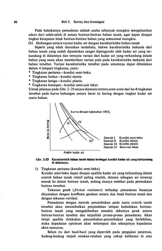 86 Bab 2. Survey dan Investigasi
Pada hakekatnya pemadatan adalah usaha sebanyak mungkin rnengeluarkan
udara dari celah-celah di antara butiran-butiran bahan tanah, agar dapat dicapai
tingkat kerapatan letak butiran-butiran bahan yang sernaximal mungkin.
(b) Hubungan antara variasi kadar air dengan karakteristika bahan tanah
Seperti yang telah diuraikan terdahulu, bahwa karakteristika mekanis dari
bahan tanah yang sudah dipadatkan sangat dipengaruhi oleh kadar air yang ter­
kandung di dalamnya dan ternyata variasi dari kadar air yang terkandung dalarn
bahan yang sama akan memberikan variasi pula pada karakteristika rnekanis dari
bahan tersebut. Variasi karakteristika tersebut pada umumnya dapat dibedakan
dalam 4 (empat) tingkatan, yaitu:
* Tingkatan pertarna-kondisi semi-beku.
* Tingkatan kedua-kondisi elastis.
* Tingkatan ketiga-kondisi plastis.
* Tingkatan keempat-kondisi semi-cair lekat.
Untukjelasnya pada Gbr. 2-25 secara skematis terterazone-zone dari ke-4 tingkatan
tersebut pada kurva hubungan antara berat isi kering dengan tingkat kadar air
suatu bahan.
:ra
kurva derajat kejenuhan 100%
Angka kadar air
Daerah I
Daerah 11
Daerah Ill
Daerah IV
Kondisi semi-beku
Kondisi elastis
.Kondisi plastis
Semi-cair lekat
Gbr. 2-25 Karakteristik baban tanah dalam berbagai kondisi kadar air yangterkandung
di dalamnya.
I) Tingkatan pertama (kondisi semi-beku)
Kondisi semi-beku dapat dicapai apabila kadar air yang terkandung dalarn
contoh bahan tanah relatif paling rendah, dimana sebagian air terserap
masuk ke dalam butiran tanah, sedang sisanya melekat pada permukaan
butiran tersebut.
Tahanan gesek (friction resistance) terhadap pemadatan biasanya
dinyatakan dengan koeffisien gesekan antara dua buah butiran tanah dan
dengan tekanan vertikal.
Pemadatan dengan metode penumbukan pada suatu contoh tanah
tersebut akan menimbulkan perpindahan tempat kedudukan butiran­
butiran tanah yang mengakibatkan semakin dekatnya jarak antara
butiran-butiran tersebut dan terjadilah proses-proses pemadatan. Akan
tetapi apabila dilakukan penumbukan-penumbukan yang berlebihan,
maka kepadatan optimum akan terlampaui dan selanjutnya kepadatan
akan menurun.
Selain itu dari hasil-hasil yang diperoleh pada pengujian penetrasi,
kadang-kadang terjadi retakan-retakan yang cukup kelihatan di atas
 