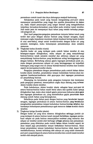 2. 6 Pengujian Bahan Bendungan 87
permukaan contoh tanah dan daya dukungnya menjadi berkurang.
Selanjutnya pada tanah yang banyak mengandung pori-pori udara
mempunyai permeabilitas yang tinggi dan apabila dimasukkan ke dalam
air, maka terjadi penyerapan yang sangat intensif yang mengakibatkan
terjadinya kerusakan-kerusakan yang hebat pada struktur tanah tersebut.
Jadi tanah jenis ini mempunyai daya tahan yang rendah terhadap penga­
ruh-pengaruh air.
Dari basil pengujian-pengujian pemadatan temyata bahan tanah yang
terdiri dari pasir dengan ukuran butiran yang hampir seragam, dapat
mencapai angka kepadatan maximum dalam keadaan kering (pada kondisi
di atas semi-beku), tetapi untuk kondisi-kondisi dengan kadar air yang
semakin meningkat, maka kemampuan pemadatannya akan semakin
menurun.
2) Tingkatan kedua (kondisi elastis)
Apabila kadar air yang terdapat pada contoh bahan tersebut di atas
berangsur-angsur ditingkatkan, maka selaput air yang menyelubungi
butiran-butiran tanah semakin menebal dan akhimya selaput air yang
menyelubungi butiran-butiran yang berdekatan saling bersinggungan satu
dengan Iainnya. Berhubung adanya gejala tegangan permukaan pada air,
maka dengan perantaraan selaput air yang bersinggungan ini terjadilah
hubungan yang sangat erat di antar{t butiran-butiran tersebut dan kondisi
seperti ini merupakan kondisi elastis.
Pengujian pemadatan dengan penumbukan pada contoh baha.n dalam
kondisi elastis terseout, perpindahan tempat kedudukan butiran akan me­
ngalami i1ambatan-hambatan oleh gaya-gaya dari tegangan permukaan
air penyelubung butiran.
Disamping itu keruntuhan pada pengujian kompresi dan ketahanan
pada pengujian penetrasi, menunjukkan angka daya dukung yang terbesar
dalam kondisi elastis tersebut.
·
Pada hakekatnya, dalam kondisi elastis sebagian besar pori-pori di
antara butiran-butiran bahan masih berisi udara dan apabila kadar airnya
ditingkatkan lagi, maka aka:n terjadi gejala penurunan kekuatan gaya-gaya
dari tegangan permukaan air, yang menimbulkan gejala penurunan daya
dukung contoh bahan yang bersangkutan.
Sebaliknya pada bahan pasir dengan butiran yang berukuran hampir
seragam, tegangan permukaan di antara butiran-butiran yang berdekatan
menghambat perpindahan tempat kedudukan butiran-butiran tersebut dan
karenanya kemampuan pemadatannya agak menurun daiam k:ondisi elastis
tersebut.
3) Tingkatan ketiga (kondisi plastis)
Dengan kadar air yang terus menerus ditingkatkan sehingga jumlah air
yang terdapat di antara butiran tanah menjadi berlebihan, tegangan permu­
kaan selaput air pada butiran menunjukkan tendensi yang menurun dan
selaput air tersebut seolah-olah berfungsi sebagai pelumas dan pemadatan­
pemadatan yang dilakukan pada contoh bahan dalam kondisi seperti ini
akan terjadi juga perpindahan tempat kedudukan butiran-butiran. Akan
tetapi perpindahan tempat kedudukan butiran-butiran tidak dapat lebih
mendekatkannya, karena terhalang oleh adanya air yang sudah memenuhi
pori-pori yangterdapat di antara butiran tersebut dan contoh tanah tersebut -
seolah-olah menjadi plastis.
 