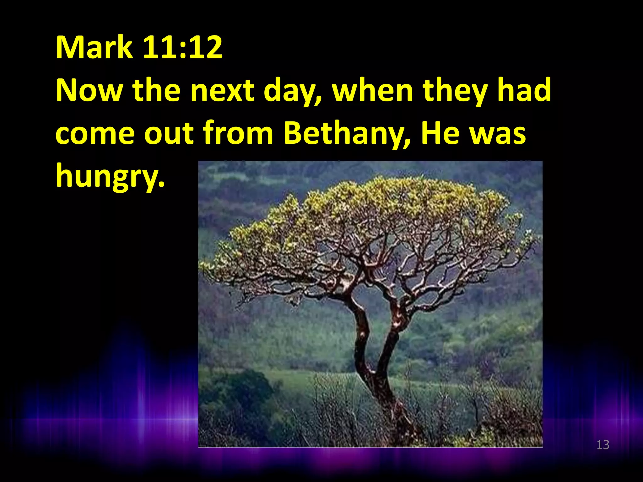 Mark 11:12
Now the next day, when they had
come out from Bethany, He was
hungry.

13

 