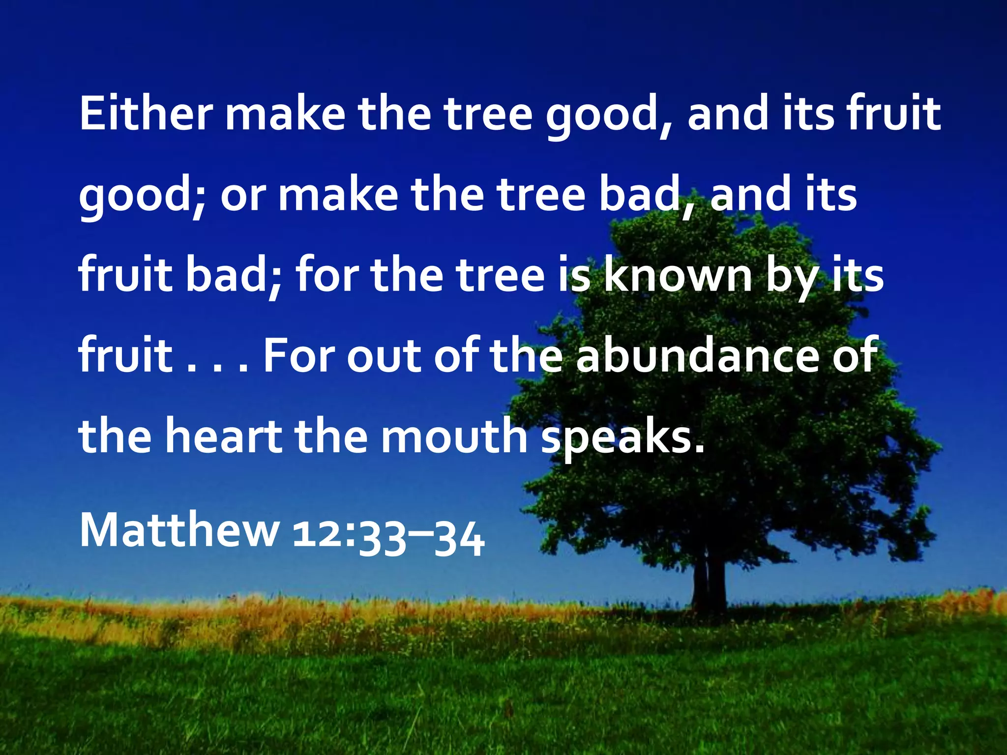 Either make the tree good, and its fruit
good; or make the tree bad, and its

fruit bad; for the tree is known by its
fruit . . . For out of the abundance of

the heart the mouth speaks.
Matthew 12:33–34

 