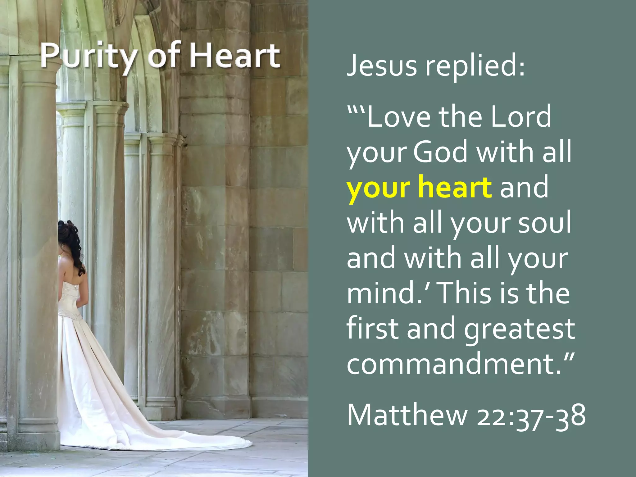 Jesus replied:
“‘Love the Lord
your God with all
your heart and
with all your soul
and with all your
mind.’ This is the
first and greatest
commandment.”
Matthew 22:37-38

 