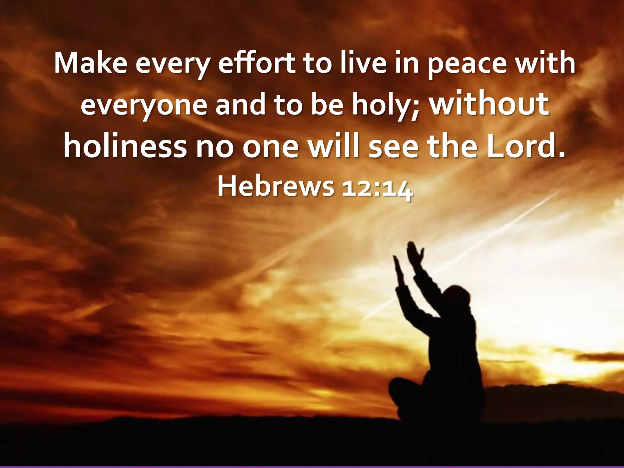 Make every effort to live in peace with
everyone and to be holy; without

holiness no one will see the Lord.
Hebrews 12:14

 
