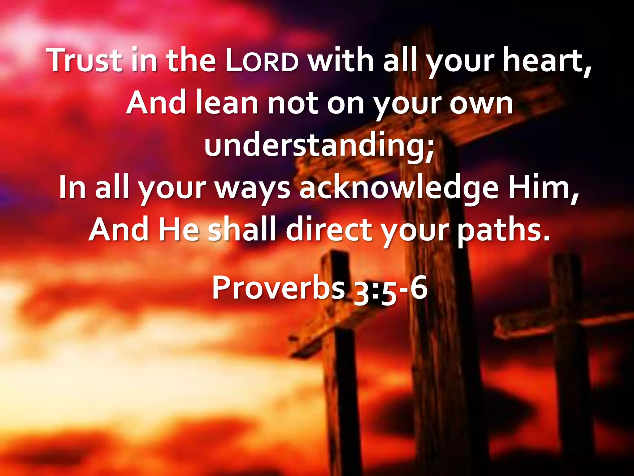 Trust in the LORD with all your heart,
And lean not on your own
understanding;
In all your ways acknowledge Him,
And He shall direct your paths.
Proverbs 3:5-6

 