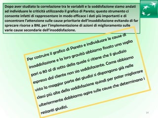 14
Dopo aver studiato la correlazione tra le variabili e la soddisfazione siamo andati
ad individuare le criticità utilizz...