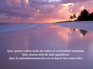 Que querer saber todo de todos es curiosidad malsana. Que nunca está de más agradecer. Que la autodeterminación no es hacer las cosas solo. 