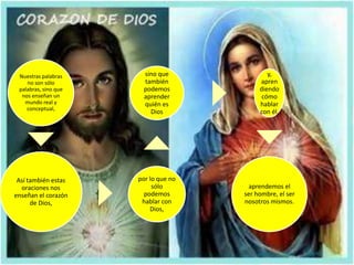 Nuestras palabras     sino que               y,
    no son sólo        también             apren
 palabras, sino que    podemos             diendo
  nos enseñan un       aprender             cómo
   mundo real y        quién es            hablar
    conceptual,
                         Dios              con él,




 Así también estas    por lo que no
  oraciones nos            sólo         aprendemos el
enseñan el corazón      podemos       ser hombre, el ser
      de Dios,         hablar con     nosotros mismos.
                          Dios,
 
