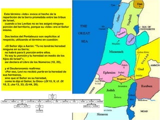 Este término «lote» evoca el hecho de la
repartición de la tierra prometida entre las tribus
de Israel,
  cuando a los Levitas no se les asignó ninguna
porción del territorio, porque su «lote» era el Señor
mismo.

  Dos textos del Pentateuco son explícitos al
respecto, utilizando el término en cuestión:

  «El Señor dijo a Aarón: ―Tu no tendrás heredad
ninguna en su tierra;
  no habrá para ti porción entre ellos.
  Yo soy tu porción y tu heredad en medio de los
hijos de Israel‖»,
  así declara el Libro de los Números (18, 20),

 y el Deuteronomio reafirma:
 «Por eso, Leví no recibió parte en la heredad de
sus hermanos,
 sino que el Señor es su heredad,
 como le dijo el Señor, tu Dios» (Dt 10, 9; cf. Dt
18, 2; Jos 13, 33; Ez 44, 28).
 