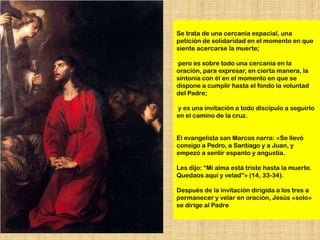 Se trata de una cercanía espacial, una
petición de solidaridad en el momento en que
siente acercarse la muerte;

pero es sobre todo una cercanía en la
oración, para expresar, en cierta manera, la
sintonía con él en el momento en que se
dispone a cumplir hasta el fondo la voluntad
del Padre;

y es una invitación a todo discípulo a seguirlo
en el camino de la cruz.


El evangelista san Marcos narra: «Se llevó
consigo a Pedro, a Santiago y a Juan, y
empezó a sentir espanto y angustia.

Les dijo: “Mi alma está triste hasta la muerte.
Quedaos aquí y velad”» (14, 33-34).

Después de la invitación dirigida a los tres a
permanecer y velar en oración, Jesús «solo»
se dirige al Padre
 